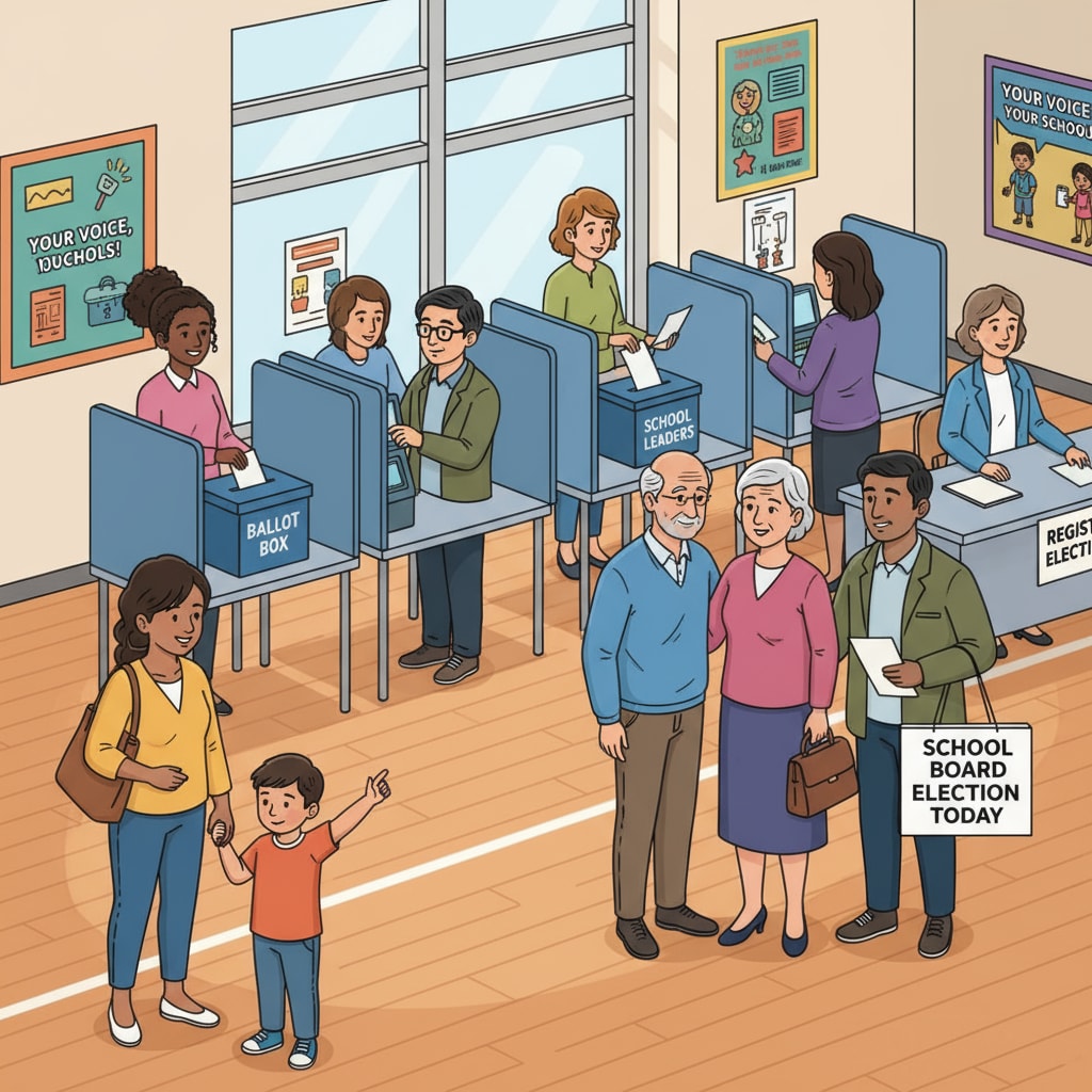 A group of people participating in a school board election, showing a diverse group of individuals casting their votes and engaging in the democratic process. People participating in a school board election, highlighting the importance of political civility and campaign security.