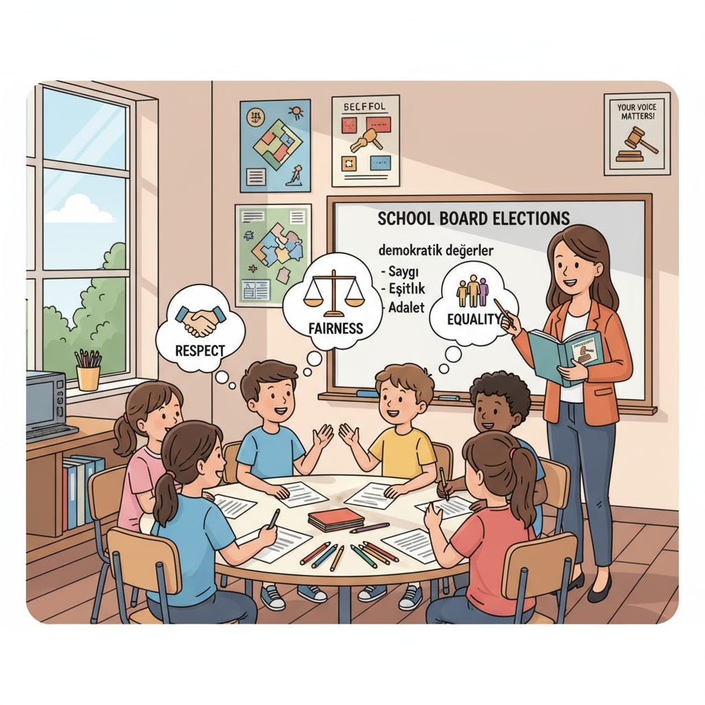A classroom scene with students discussing democratic values, such as respect, fairness, and equality, which are relevant to school board elections. Classroom scene of students discussing democratic values, emphasizing the significance of these values in maintaining political civility and campaign security.
