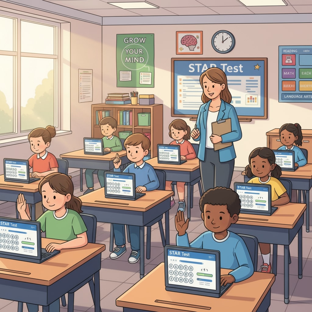 An illustration depicting students taking the STAR Test in a classroom setting. Students taking the STAR Test for academic assessment.