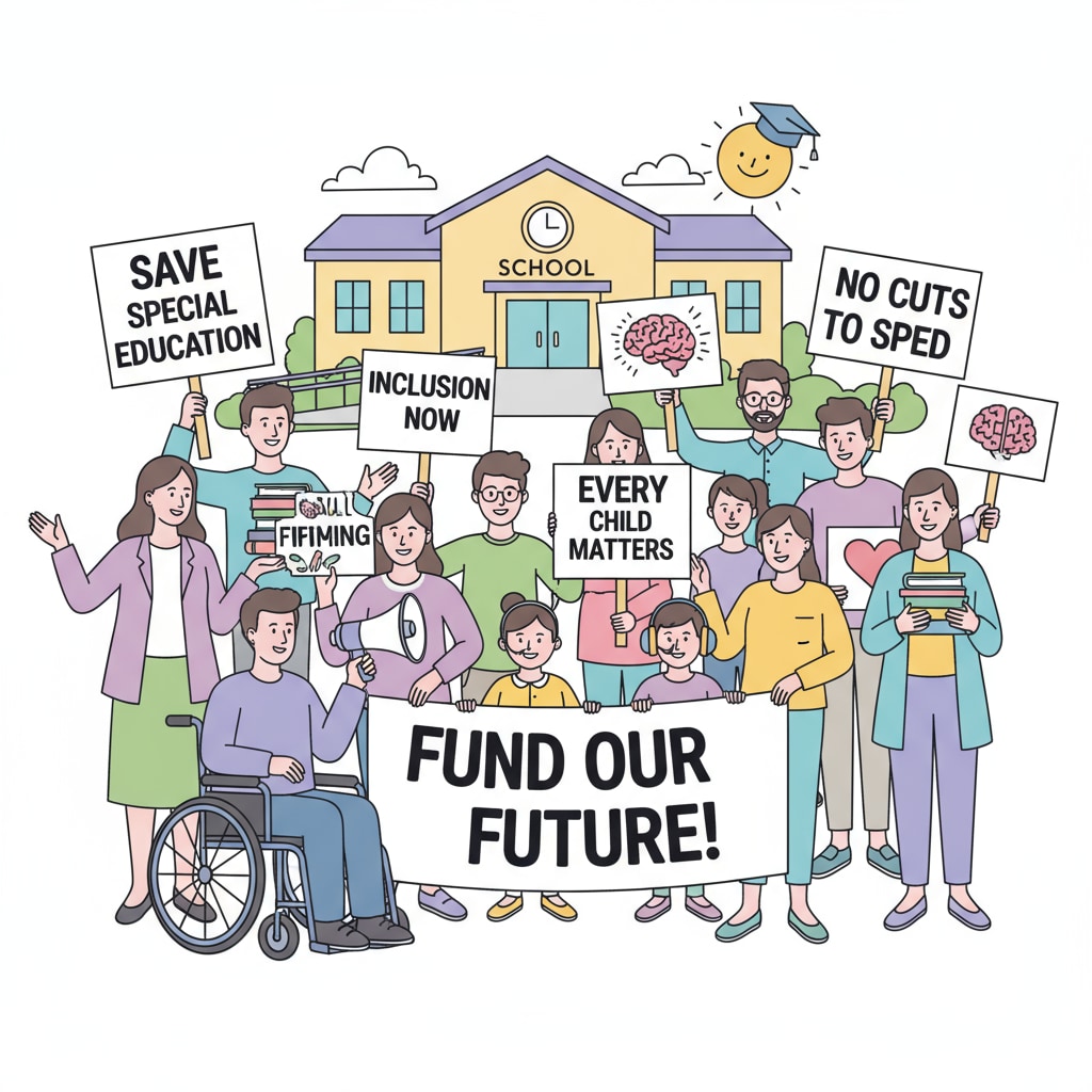 A group of people protesting to save special education. A group protesting to save special education during a government shutdown threat involving OSERS for students with disabilities.