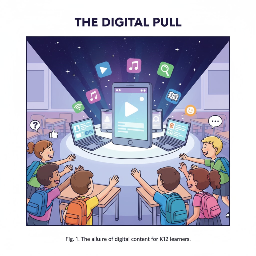 A visual representation of K12 students being attracted by digital devices with various online content icons floating around. K12 students in the grip of the attention economy and information deserts