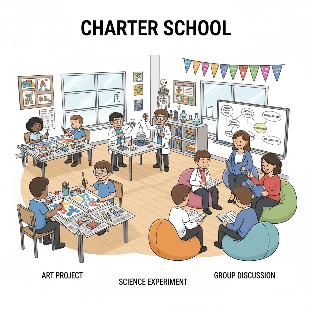 Students engaged in various activities at a charter school relevant to school choice, political controversy, and education policy