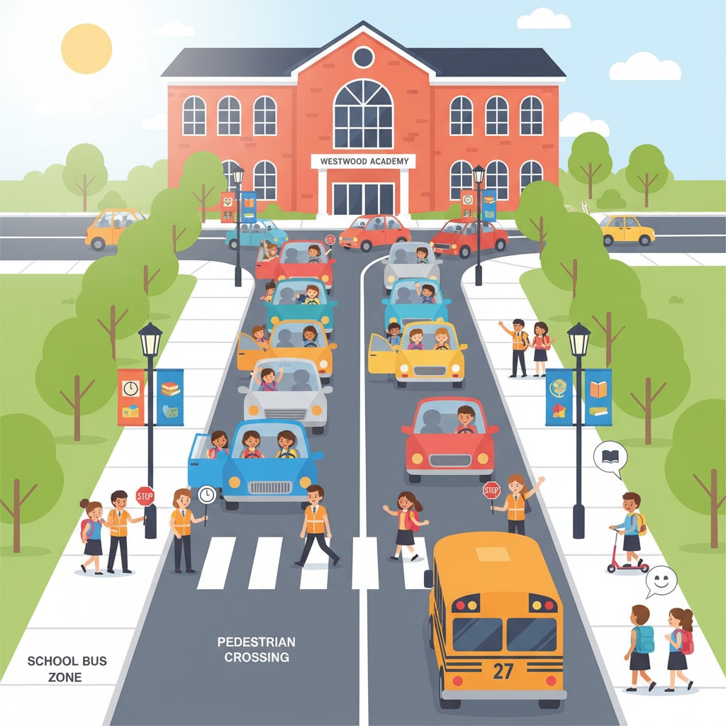 School drop-off traffic congestion scene