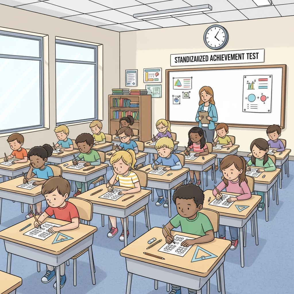 A classroom scene where students are taking a standardized test, with desks neatly arranged and students concentrating on their papers. Students taking a standardized test under the No Child Left Behind policy