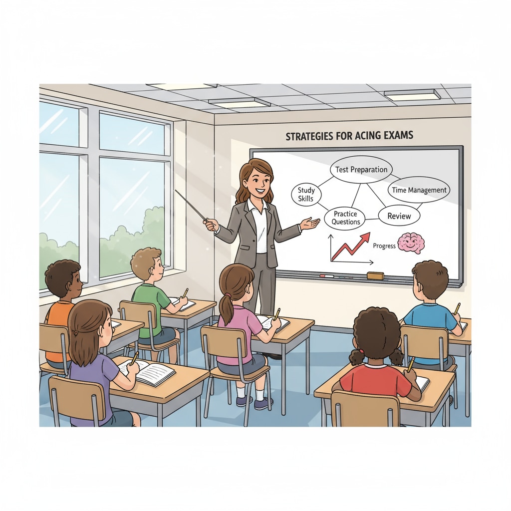 A teacher standing in front of a whiteboard, pointing at test - related materials while students listen intently. A teacher teaching test - related content as a result of the No Child Left Behind policy