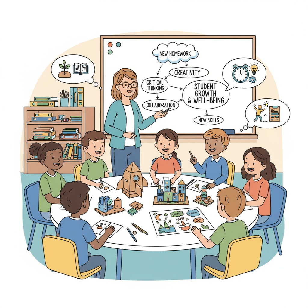 A group of students are engaged in a lively discussion about a creative homework project in a classroom setting. This image represents the concept of rethinking homework to be more engaging and its connection to student development, including the importance of free time. Students discussing a creative homework project, highlighting the value of homework and free time