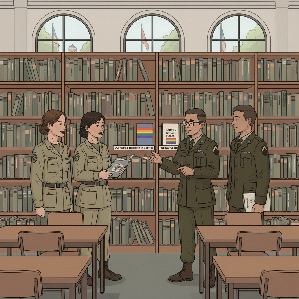 A group of students in a military school library, looking at bookshelves with a variety of books including those related to LGBTQ+ topics Students in military school library accessing LGBTQ+ related books as protected by First Amendment in Defense Department education