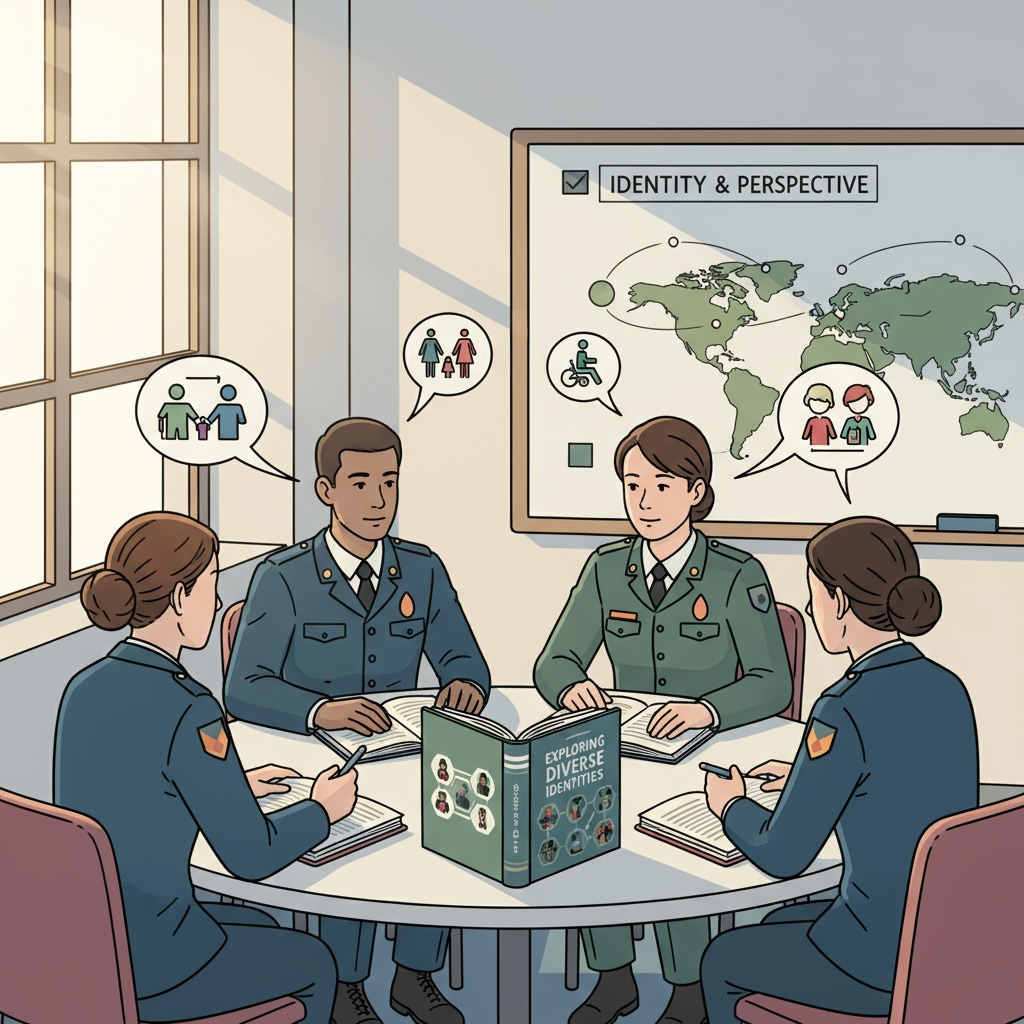 Students in a military school classroom, engaged in a discussion about a book on diverse identities Military school students discussing a book on diverse identities in an inclusive educational environment under Defense Department education