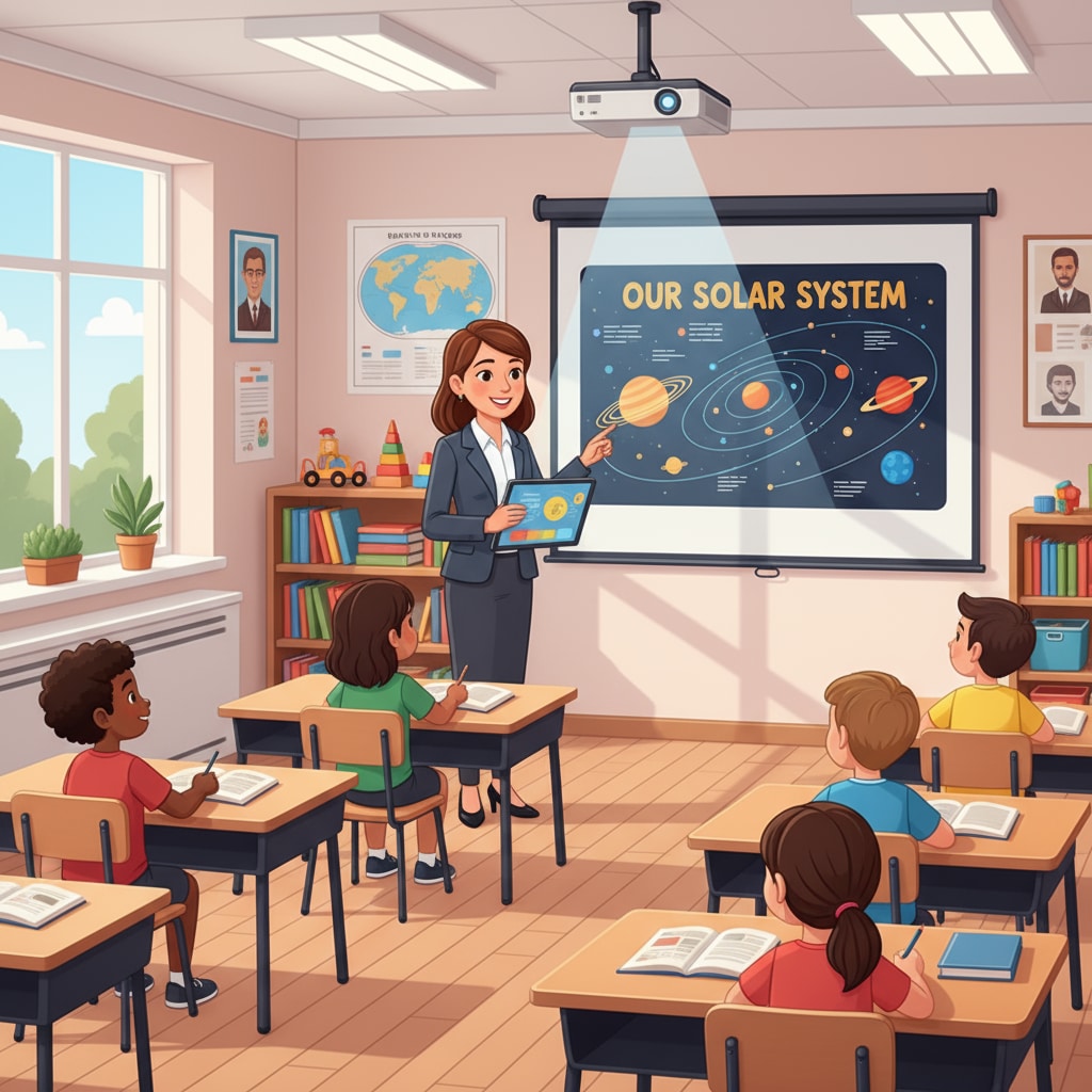 A classroom scene shows a teacher using a tablet and projector to display educational materials. Students are attentively watching the screen, indicating the use of educational technology tools to enhance the teaching process. A classroom scene with teacher using educational technology tools for teaching efficiency and to potentially reduce workload