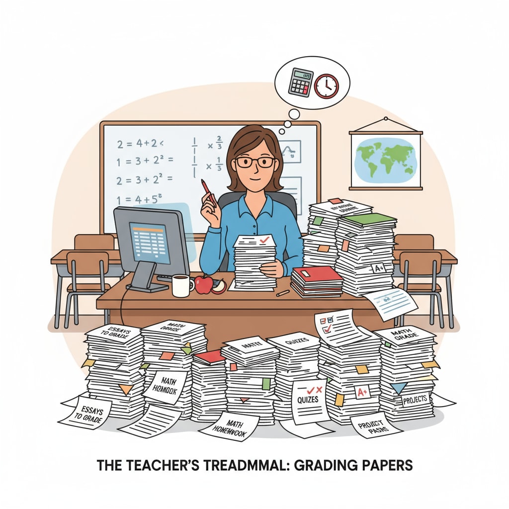 A teacher is sitting at a desk, surrounded by piles of papers that need to be graded. This visual represents the heavy workload teachers face in terms of administrative tasks. A teacher facing a heavy workload of grading papers