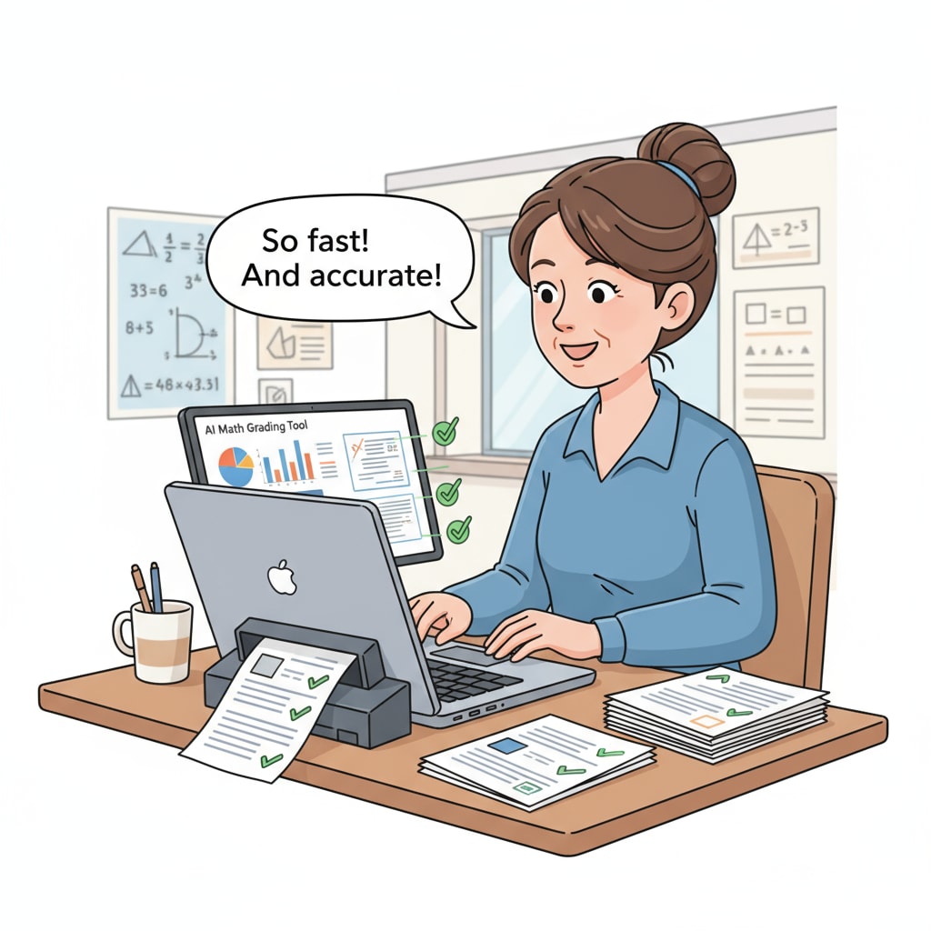 An illustration shows a teacher sitting at a desk, using a laptop with an AI math grading tool open. The teacher has a relieved expression as the tool quickly grades math papers. An illustration of a teacher using an AI math grading tool to improve efficiency and reduce working hours.