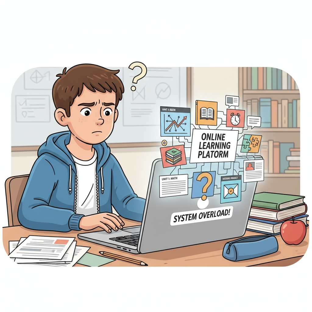 A student is using a Chromebook to access an online learning platform. The screen shows various learning materials, but they seem disorganized, and the student has a confused look on their face, indicating the lack of systematic content. A student using a Chromebook for digital learning, facing the issue of lack of systematic content