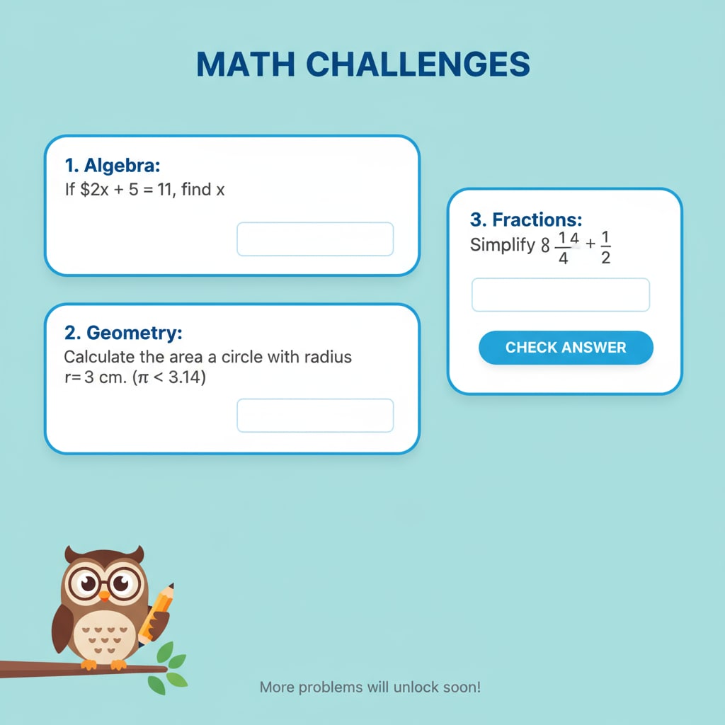 A screenshot of a digital learning platform's math section. There are only a few math problems visible, highlighting the scarcity of math exercises. Screenshot of a digital learning platform showing insufficient math exercises