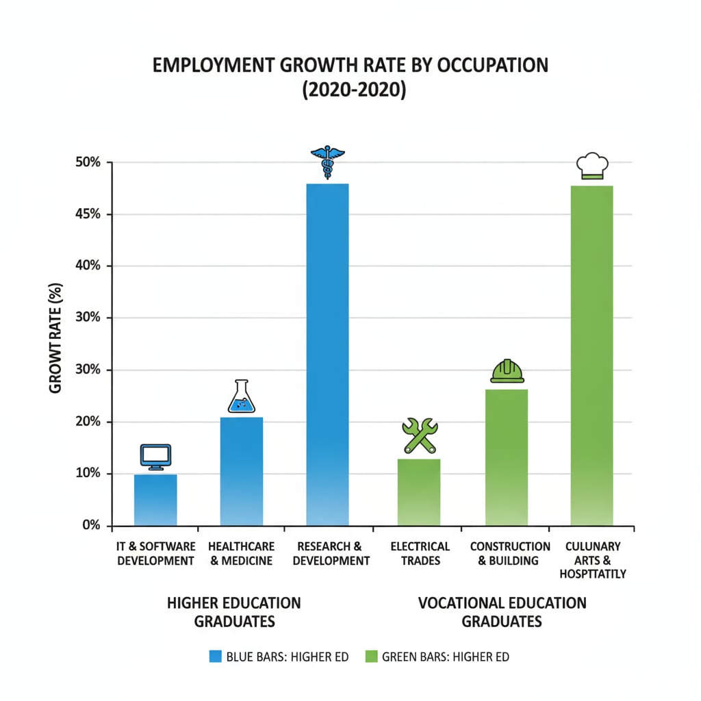 A graph is showing the employment growth rate of different occupations for higher education graduates and vocational education graduates. There are bars representing various fields like IT for higher education and plumbing for vocational education. Employment growth rate comparison of different occupations after higher education and vocational education