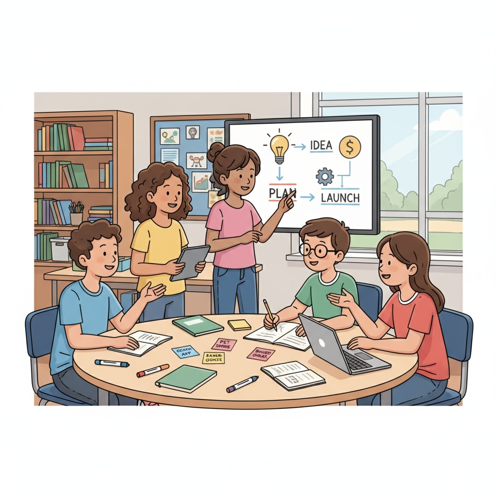 A group of K12 students are actively involved in a hands-on entrepreneurial project, discussing ideas and working together. K12 students engaged in practical entrepreneurial learning