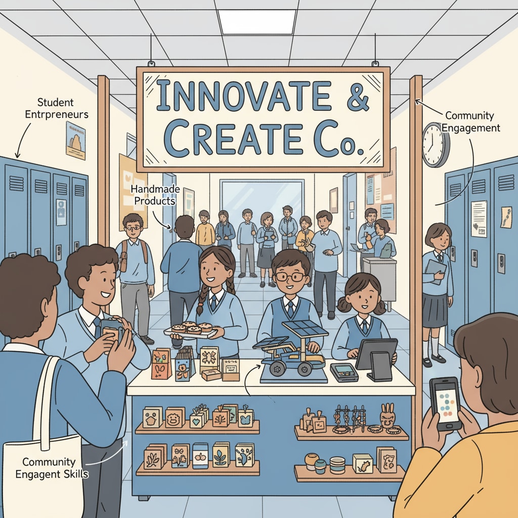 Students are collaborating to run a small business booth at school, with products on display and interacting with customers. K12 students participating in a practical entrepreneurial activity at school