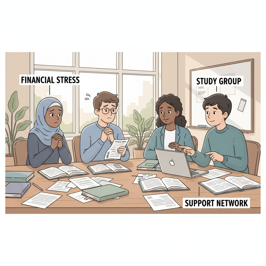 A group of students is shown studying together. Some of them have worried expressions, indicating financial stress. This represents the situation of economically disadvantaged students. Economically disadvantaged students facing financial stress while studying