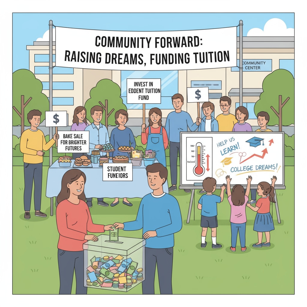 A community event is taking place where people are gathered. They are donating money, and there are signs related to raising funds for student tuition. This shows community efforts in fundraising. Community members donating money for student tuition at an event