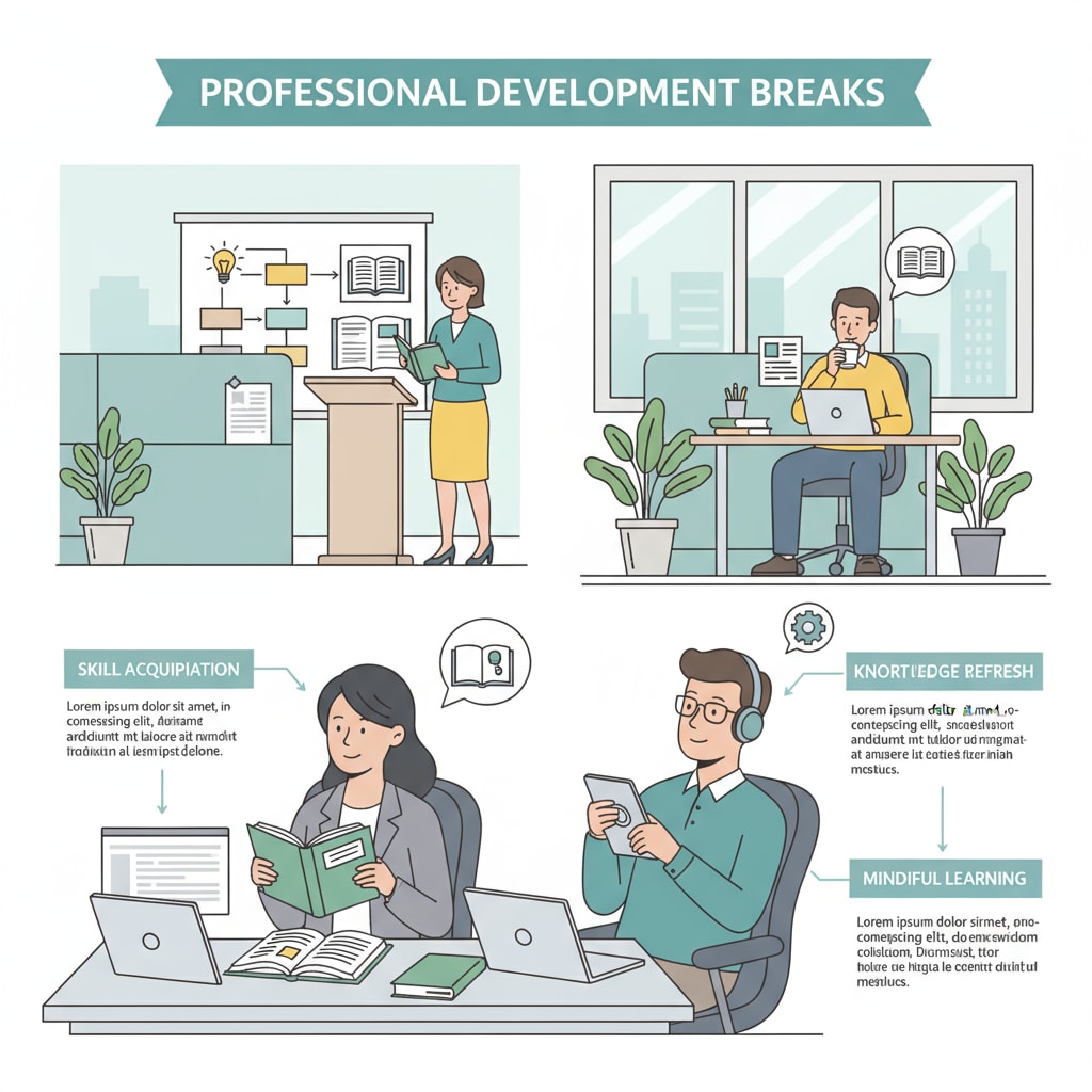 A group of professionals are taking short study breaks during work hours in an office. They are looking at laptops and books, showing their dedication to self - improvement while working. Professionals upgrading academic qualifications during work for career development