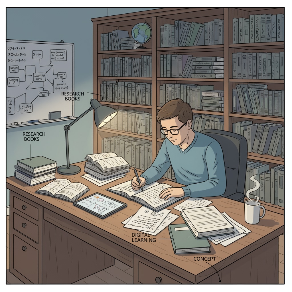 An individual is sitting at a desk in a home study area, surrounded by books and taking detailed notes. This represents the effort of a person in upgrading their academic knowledge. A person working on upgrading academic qualifications at home for career growth