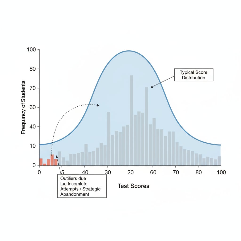 A graph showing the distribution of test scores with some scores potentially affected by strategic abandonment. The graph has a normal distribution curve with some scores at the lower end that seem to be outliers due to incomplete test attempts. Graph of test scores distribution affected by strategic abandonment in relation to datasets, test scores, and outliers