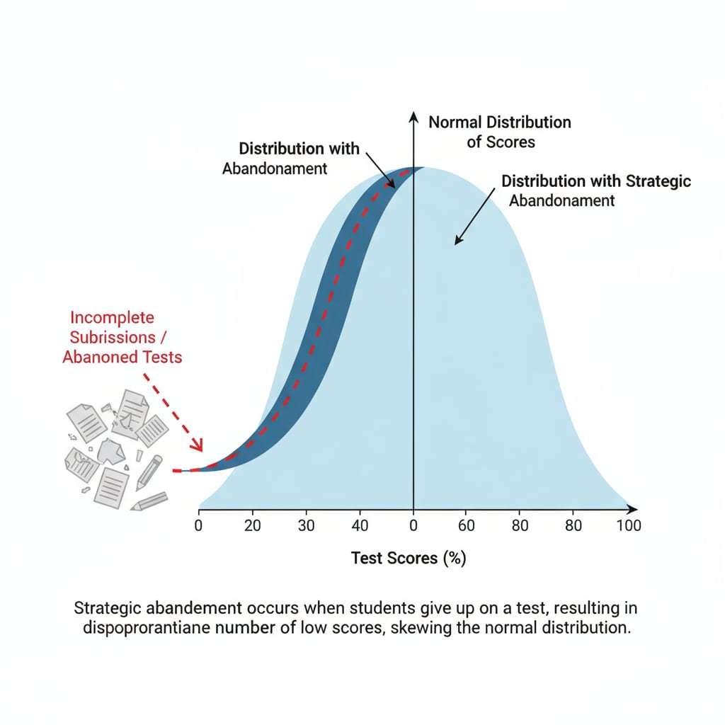 A visual representation of how strategic abandonment distorts the normal distribution of test scores. It shows a normal bell curve being skewed to one side because of the large number of incomplete test submissions. Visual of how strategic abandonment distorts test score distribution in the context of datasets, test scores, and outliers