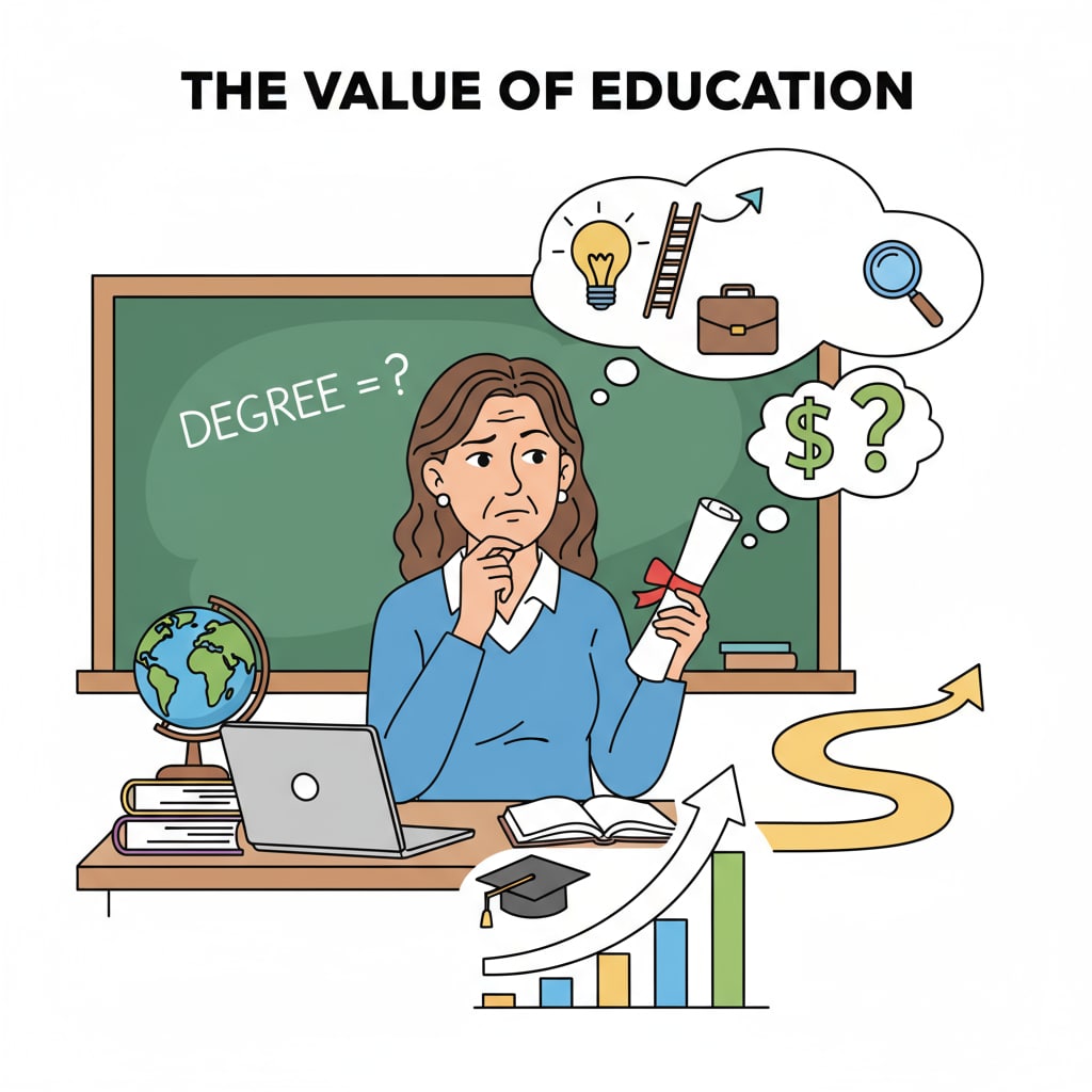 A teacher is looking at a diploma with a thoughtful expression, contemplating the value of the degree in relation to career prospects. A teacher considering the worth of a degree for career development from University of Phoenix free degree program