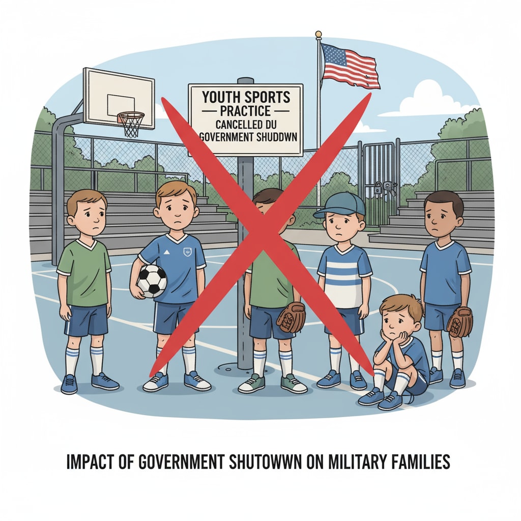 A group of military children are standing around a cancelled sports practice area, looking sad and disappointed due to the government shutdown. Military children disappointed about the cancellation of sports activities because of government shutdown