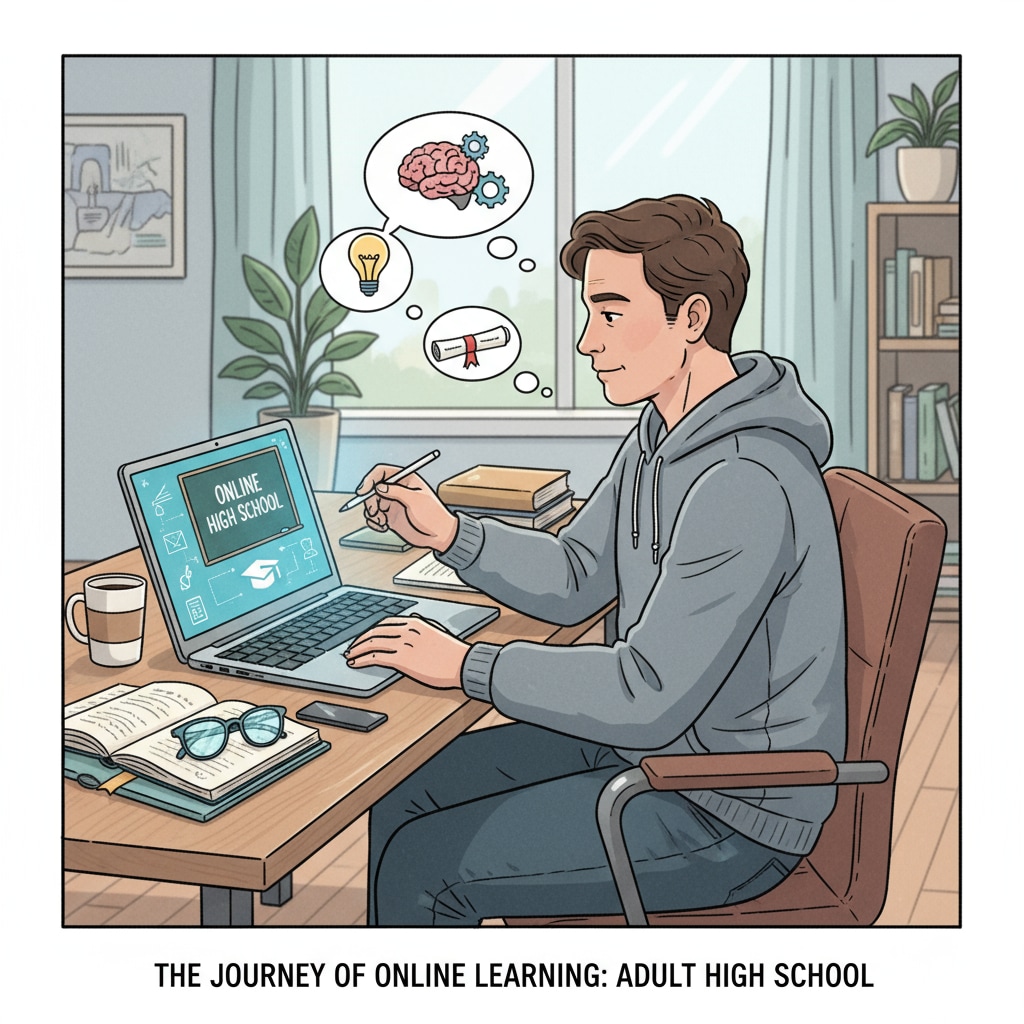 An illustration depicting an adult concentrating on a laptop at a desk, symbolizing the process of learning through online high school. An adult studying online high school courses, suitable for low-income individuals who dropped out of high school.