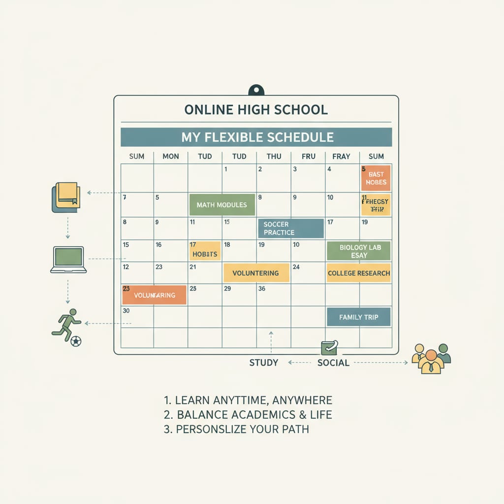 A visual representation highlighting the flexibility aspect of online high school, showing a calendar with various time slots for study. Graphic demonstrating the flexibility advantage of online high school for low-income high school dropouts.