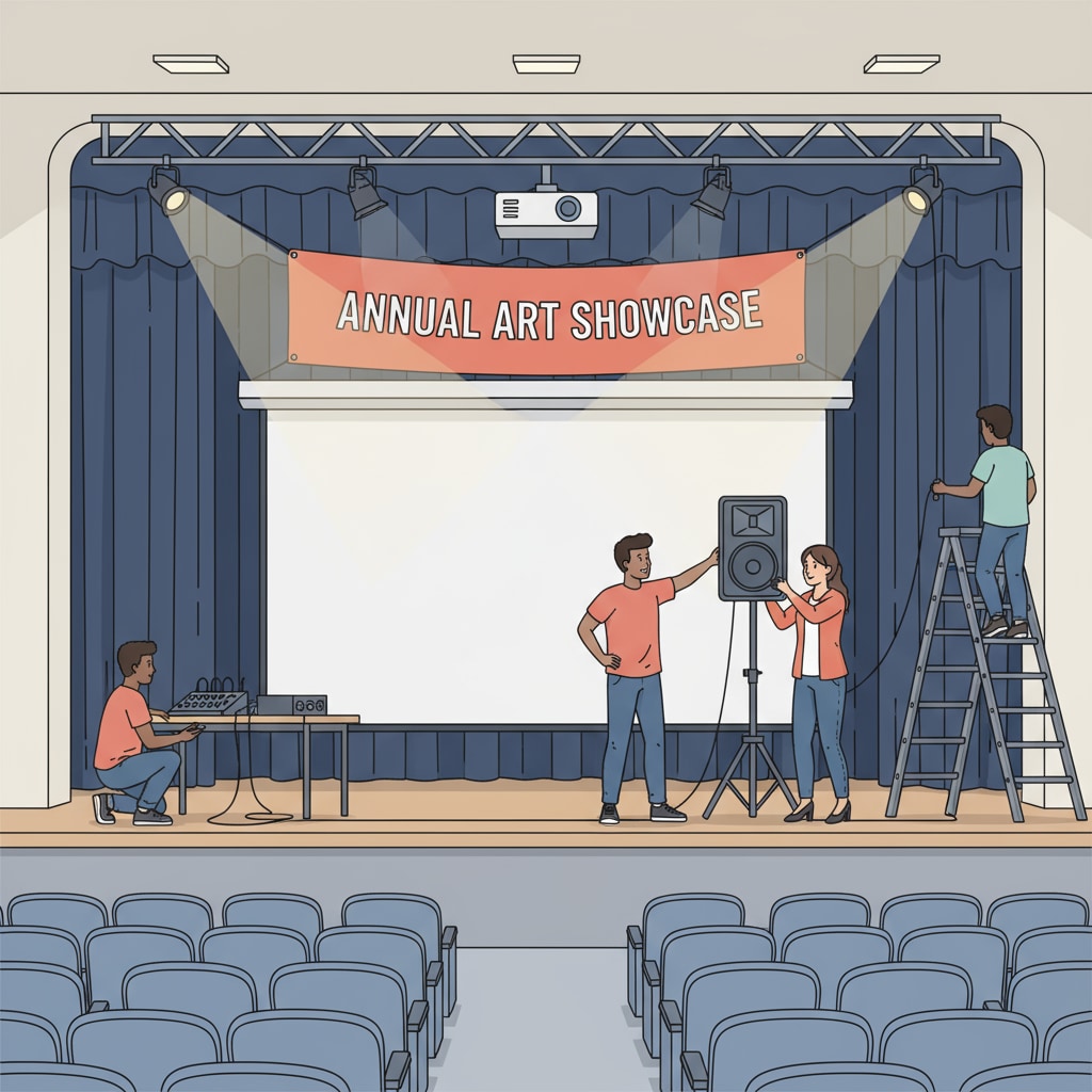A group of technical team members setting up equipment such as speakers and projectors in a school auditorium in preparation for an art performance. Technical team members preparing equipment for a school art performance