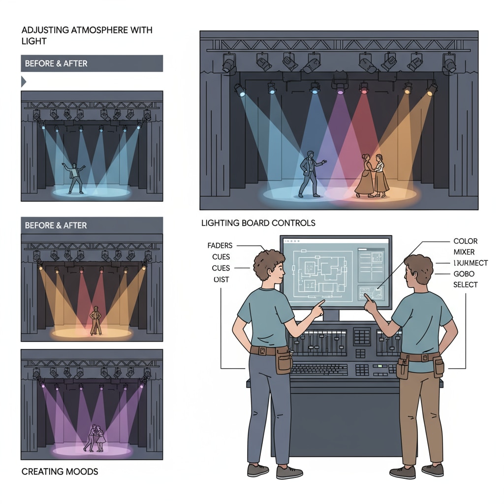 Technical team members adjusting the lighting controls to create different lighting effects for a school play on stage. Technical team adjusting lighting for a school play