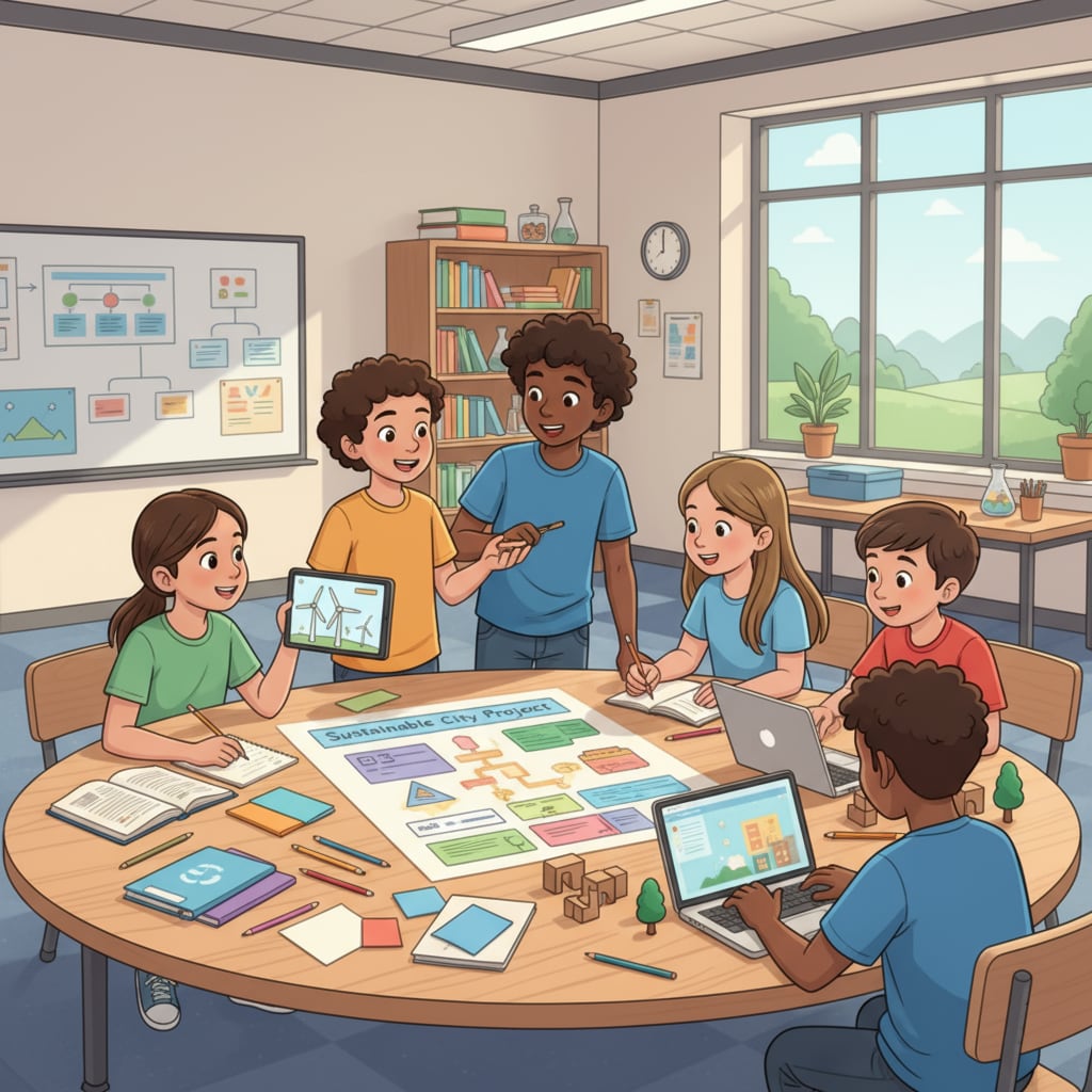 A group of students are collaborating on a project - based learning task, discussing ideas and working on different aspects of the project. Students engaged in project - based learning as a homework alternative to combat burnout