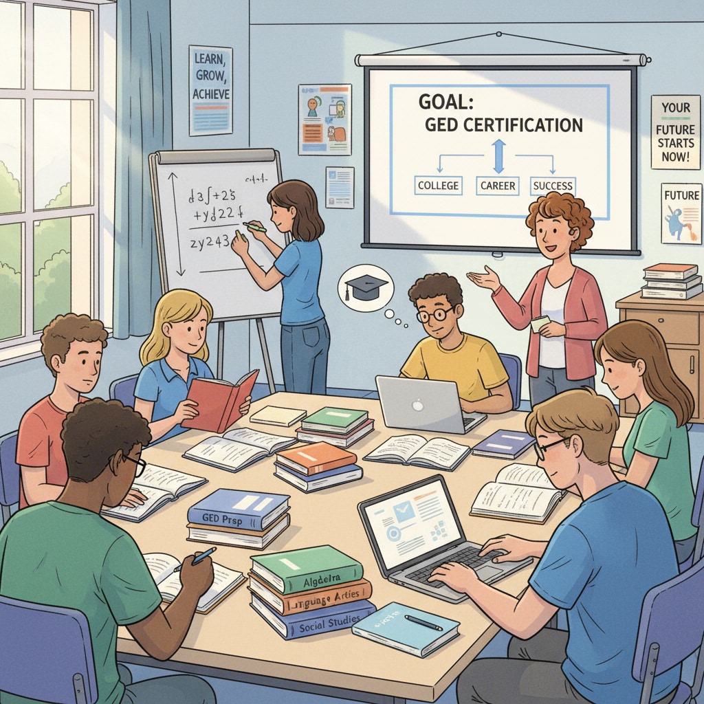 A group of young people studying for GED exams in a classroom, showing their focus and determination to achieve educational goals. Young people with GED study materials in a classroom, highlighting GED, depression, and employment prospects