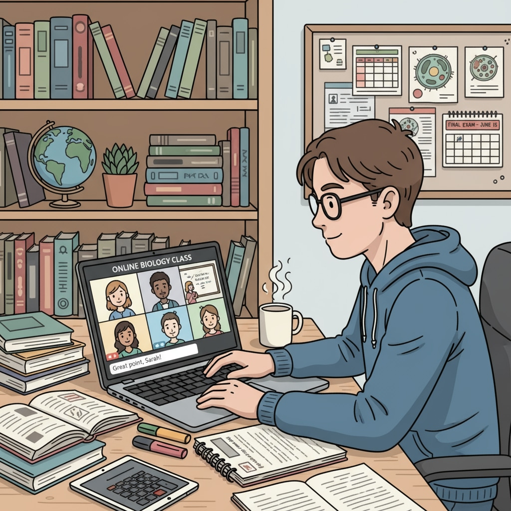 An illustration depicting a person sitting at a desk, attentively using a laptop to participate in an online high school class. The person is surrounded by books and study materials, showing their dedication to learning. An individual engaged in online high school education