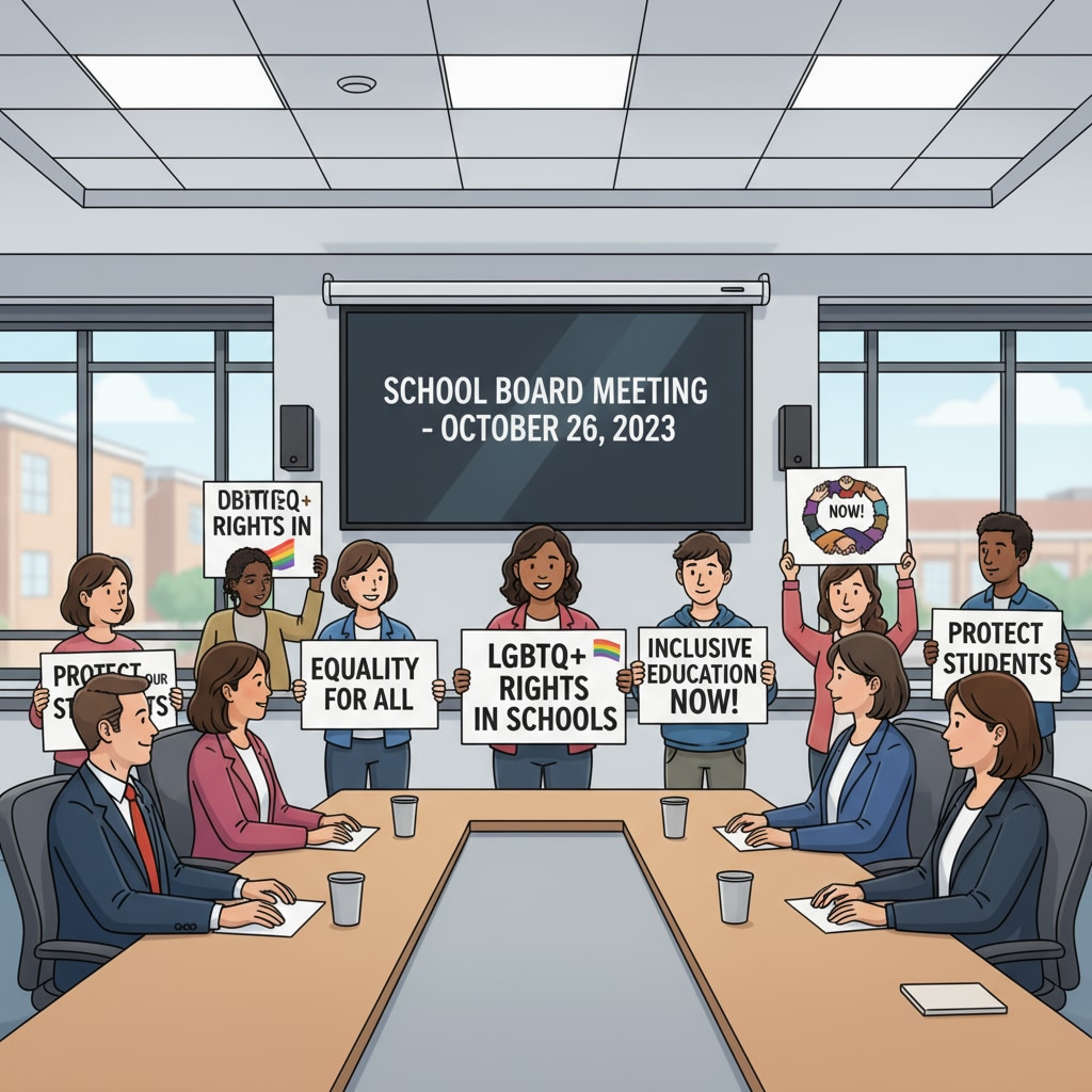A group of people holding signs with messages like 'LGBTQ+ rights in schools' and 'Inclusive education' during a school board meeting. People showing support for LGBTQ+ rights at a school board meeting to counter far - right interference.