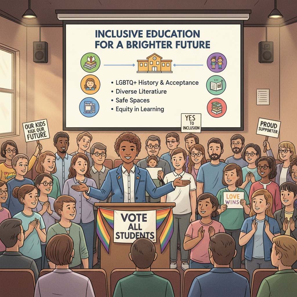 An individual from the LGBTQ+ community addressing a gathering of supporters during a school board election campaign, emphasizing the need for inclusive education. An LGBTQ+ individual campaigning for inclusive education in school board elections against far - right influence.