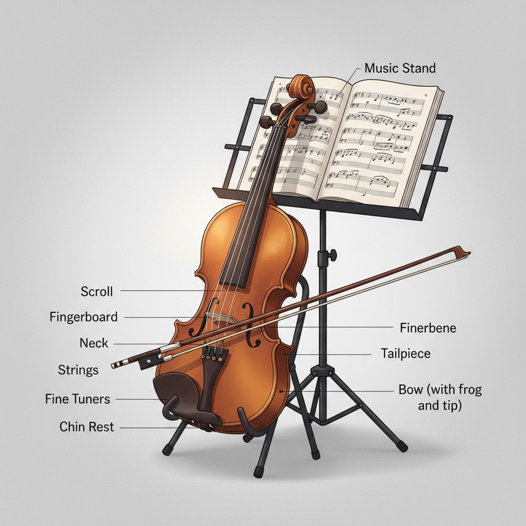 A violin placed on a stand, with soft light shining on it, creating a peaceful and musical atmosphere A violin on a stand, related to the incident of mistaking violin sounds for crying