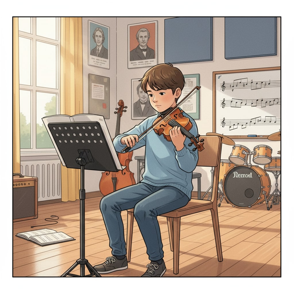 A student playing the violin in a school music room, with sheets of music on the stand A student playing the violin in a school setting, relevant to the story of violin sound misunderstanding