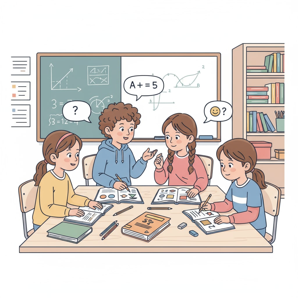 A group of 9-year-old children are sitting around a table, looking at math textbooks and discussing math problems together. Children learning math together to enhance their math abilities through learning programs