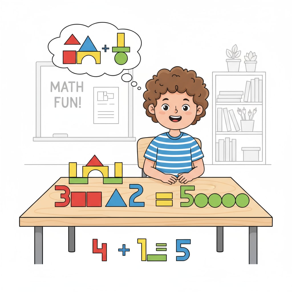 A young child is sitting at a table, arranging colorful blocks to represent numbers and solve simple math equations. Child using hands-on method to learn math for math ability improvement