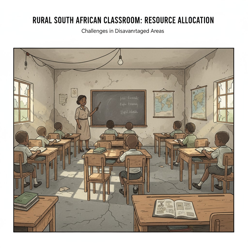 This picture shows a classroom in a rural South African school with shabby desks and chairs, representing the poor resource allocation situation in disadvantaged areas. Educational inequality in South Africa - Resource allocation in a rural classroom