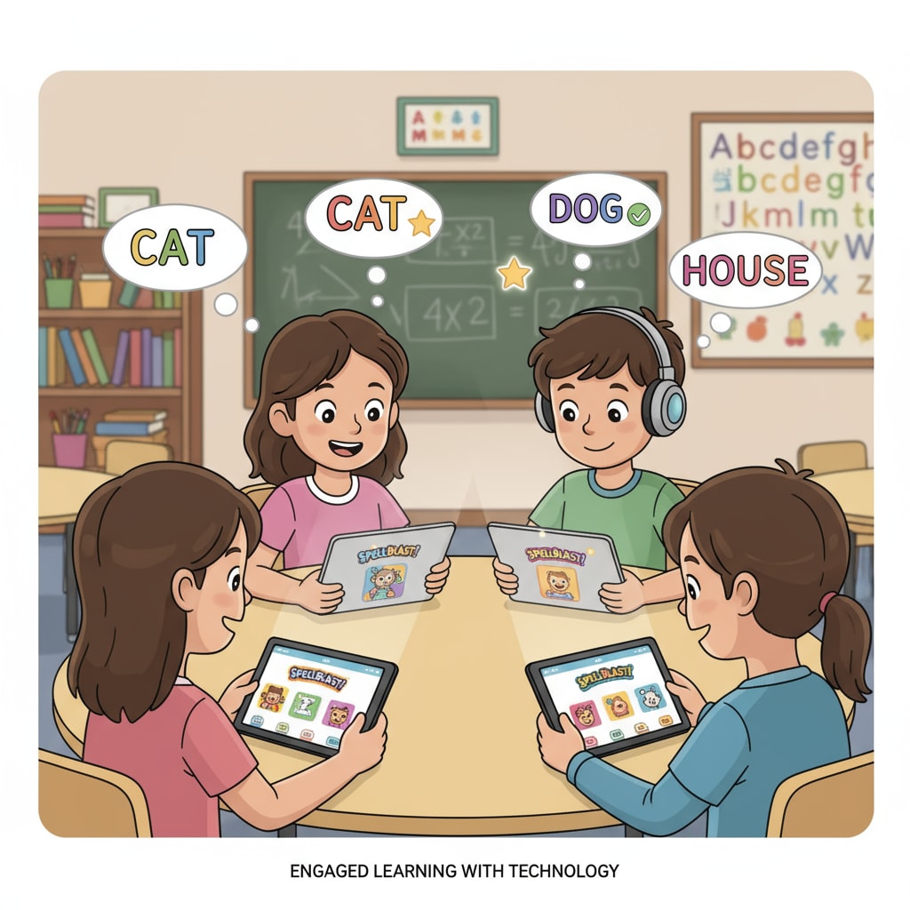 A group of ADHD children are sitting around a table, using tablets to learn spelling through educational apps. They look engaged and focused. ADHD children using digital devices for spelling learning