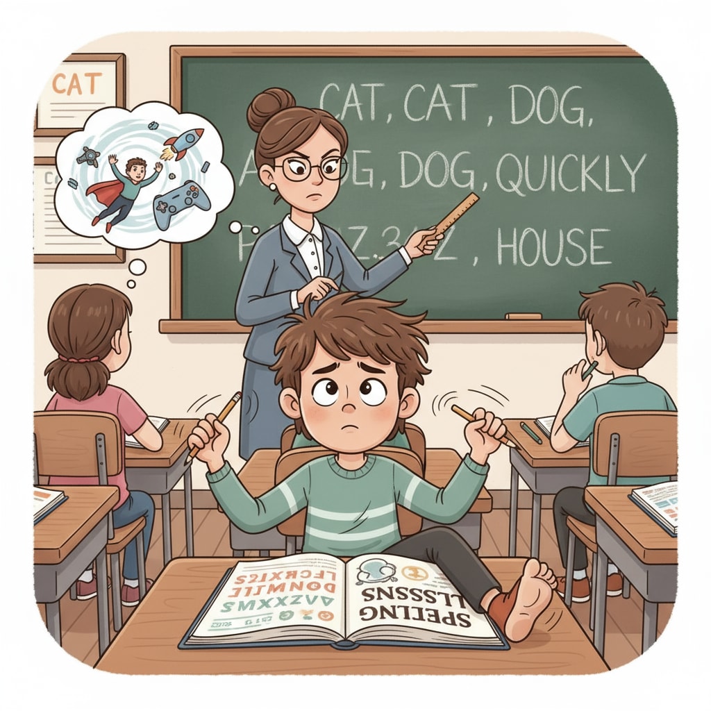 A single ADHD child is sitting at a desk, fidgeting with a pencil and showing signs of restlessness during a traditional spelling lesson. An ADHD child showing restlessness during a spelling lesson