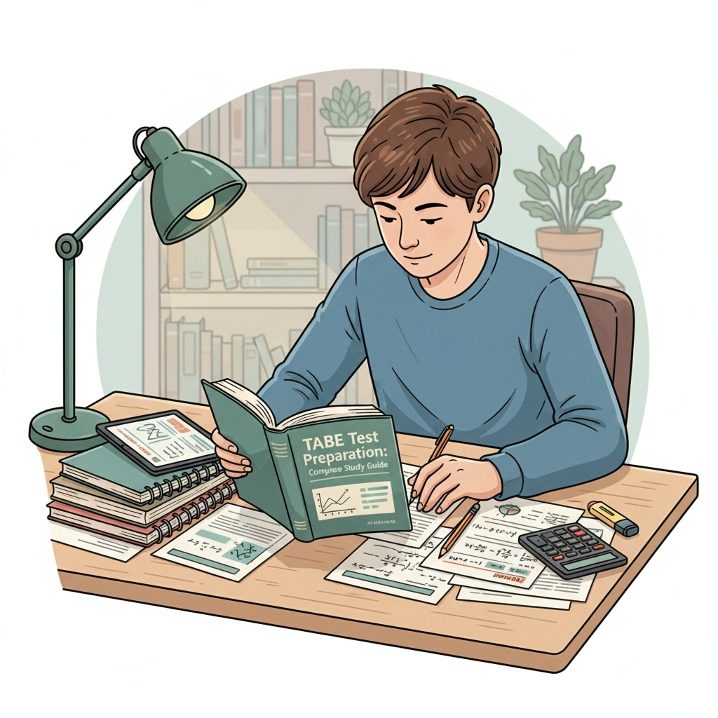 A person is engaged in studying TABE test materials, with books and papers neatly arranged on the desk, showing a focused learning environment. A person studying for the TABE test related to EMT training for a career as a firefighter