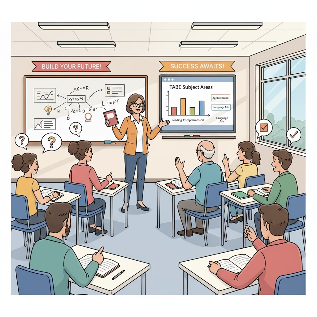 A group of individuals are attending a TABE prep class. The instructor is at the front, explaining the materials, and the students are listening attentively, indicating an active learning atmosphere. A group of people attending a TABE prep class relevant to EMT training for aspiring firefighters