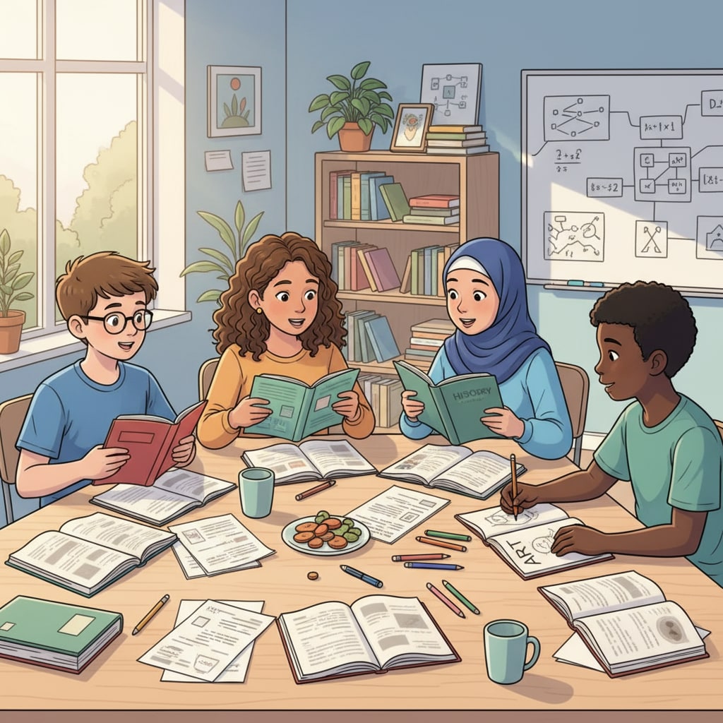 A group of teenagers are sitting around a table, studying together. They are discussing various subjects, with books and notebooks in front of them. This shows their joint effort in academic catch-up through self-study. Teenagers studying together for educational catch-up and self-study