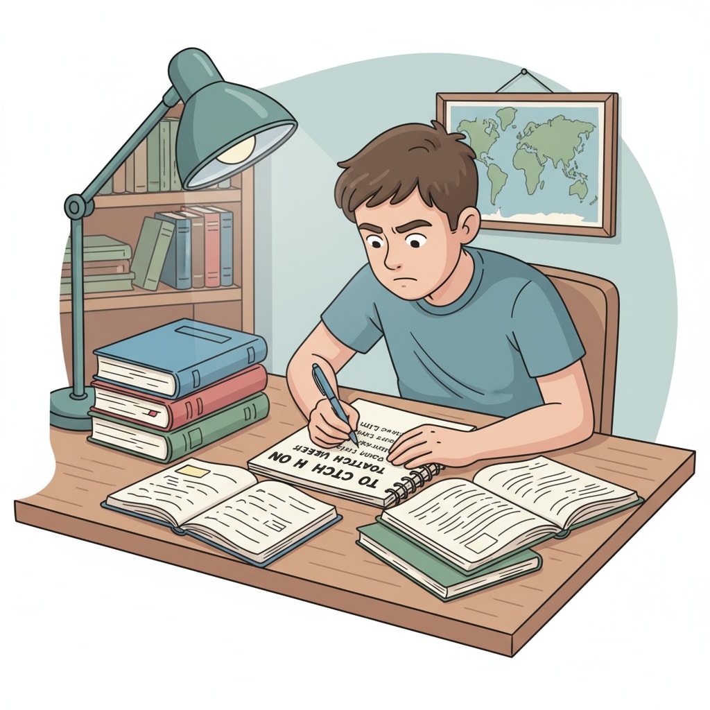 A student is sitting at a desk, writing down a list of subjects they need to catch up on. There are textbooks and notebooks beside them, indicating their determination to fill the academic gap. Student assessing subjects for academic catch-up after educational interruption