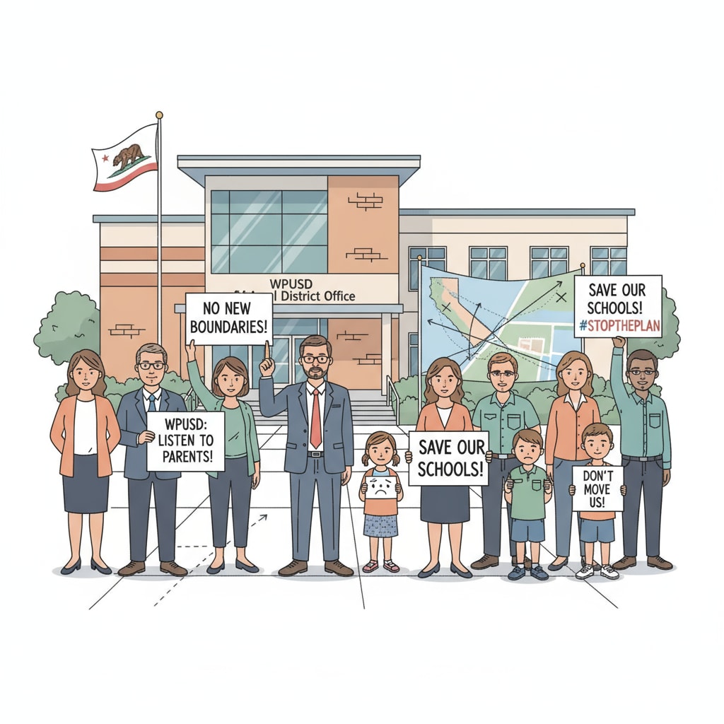 A group of parents are gathered outside the school district office, holding signs that express their opposition to the WPUSD school boundary reallocation plan. Parents protesting against WPUSD school boundary reallocation plan during a petition