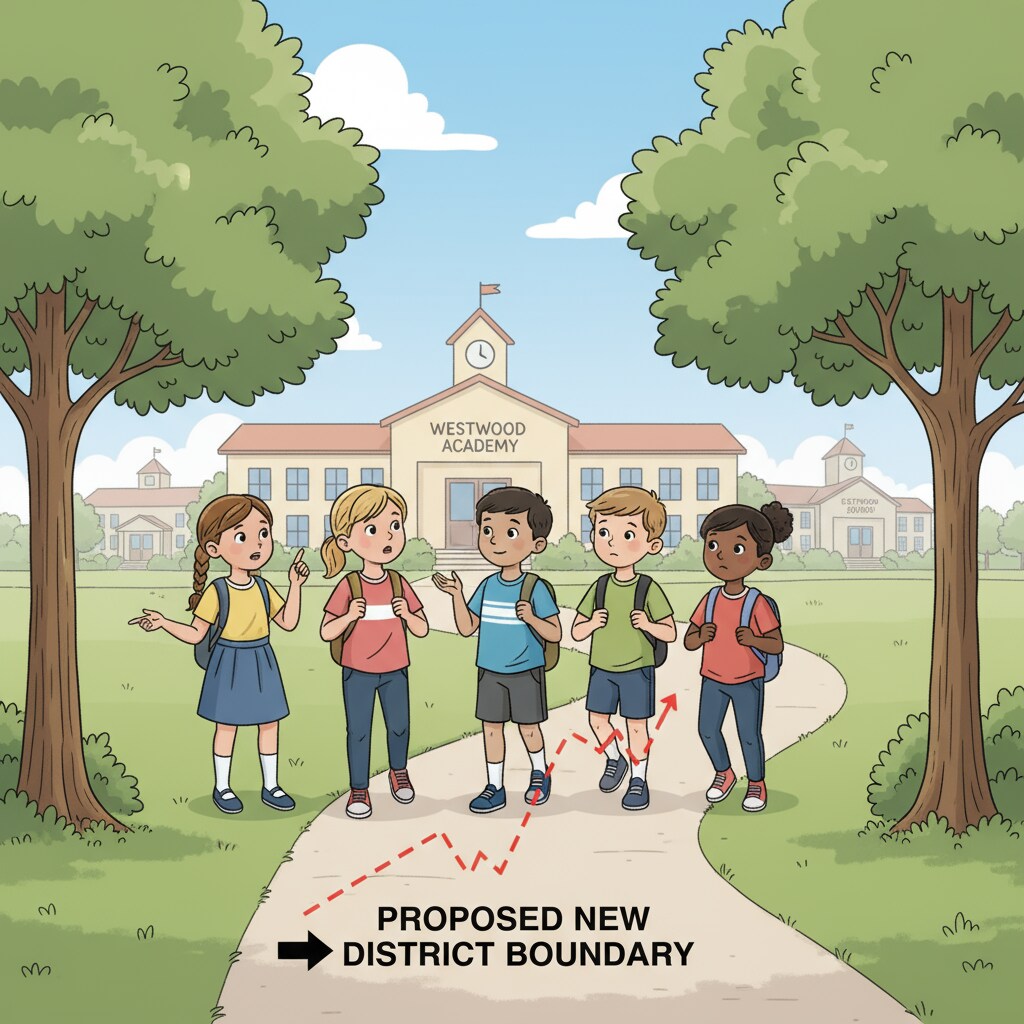 A group of children are walking together on a school path, which symbolizes the potential disruption to their daily school routine due to the boundary reallocation. Children's daily school routine potentially disrupted by WPUSD school boundary reallocation